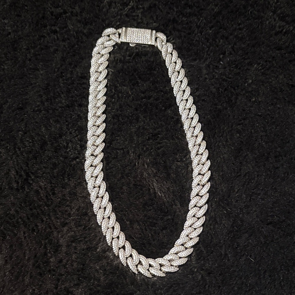 14mm Diamond Silver Cuban Link Chain Necklace
